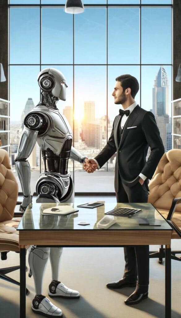 Businessmen and a robot shaking hands in an office, representing innovation and partnership in digitixel marketing.