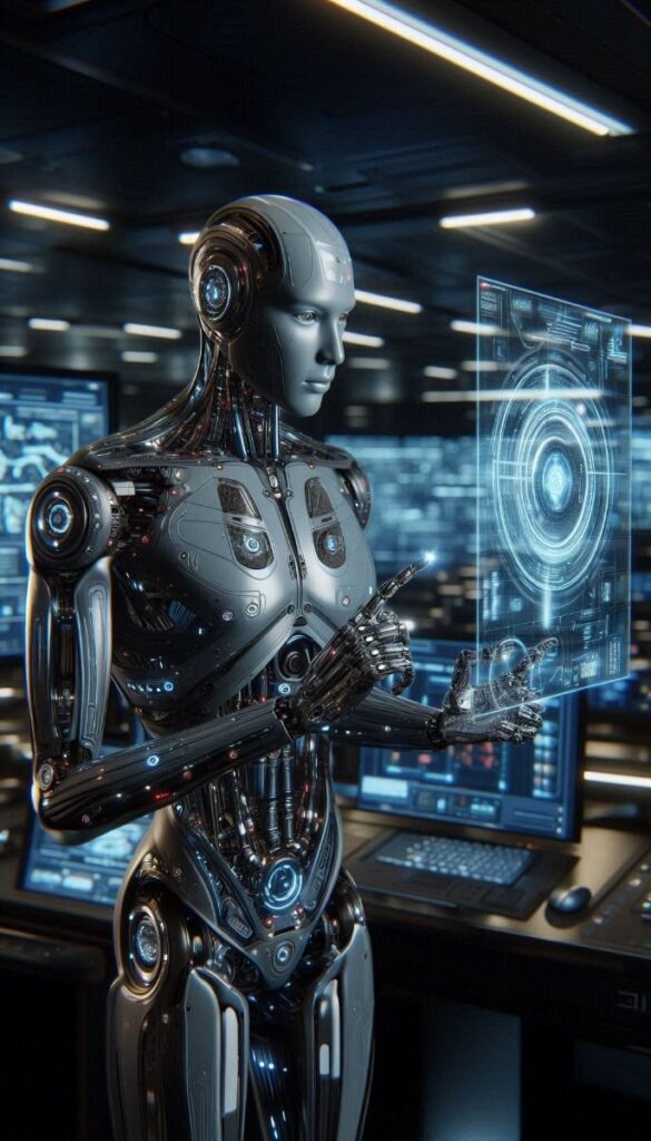 In a modern, high-tech setting, a robot engages with a vibrant computer screen, representing the essence of digitixel marketing.