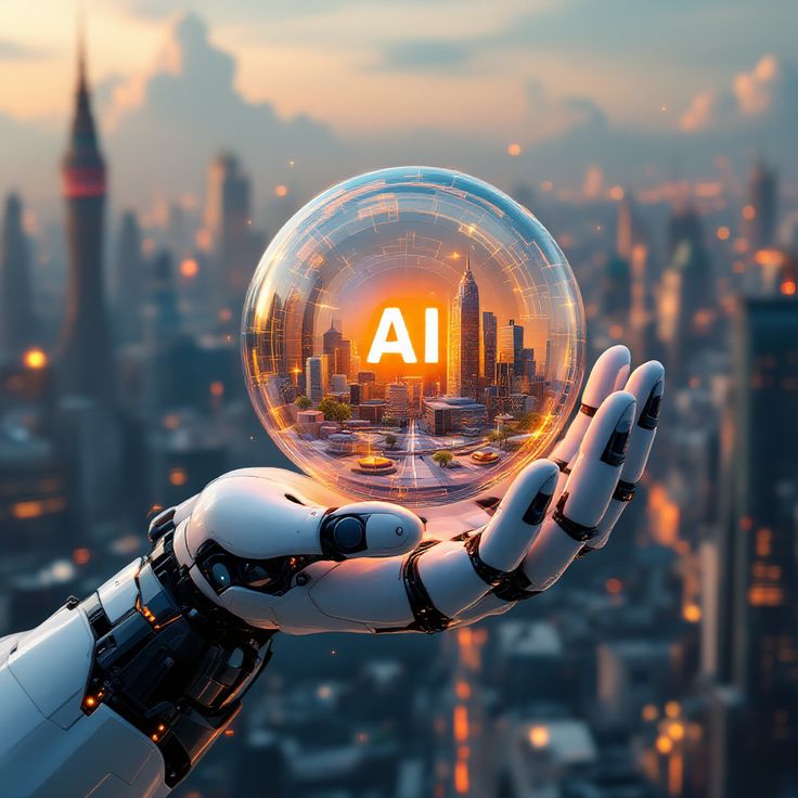 A 3D-rendered AI robot grips an AI sphere, set against a vibrant cityscape, symbolizing advancements in digitixel marketing.
